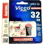 تصویر کارت حافظه microSDHC ویکومن مدل A1 V30 600X کلاس 10 استاندارد UHS-I U3 سرعت 90MBps ظرفیت 32 گیگابایت به همراه کارت خوان 