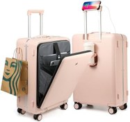 تصویر چمدان حمل بار diwolor با چرخ‌های اسپینر و قفل TSA، چمدان با جیب لپ‌تاپ جلو و درگاه USB، قاب آلومینیومی چمدان مسافرتی هاردساید PC، صورتی، 20 اینچی دستی، چمدان دستی با اسپینر 