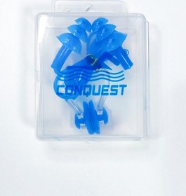 تصویر ست گوش گیر و دماغ گیر شنا آبی رنگ سیلیکونی برند کانکوئست ( Qonquest ) با بند 