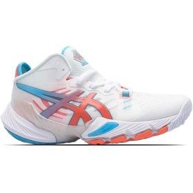 تصویر کتونی تخصصی والیبال اسیکس متارایز سفید آبی نارنجی Asics Metarise White Blue Orange 