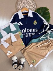 تصویر ست تیشرت شلوارک رئال مادرید سایز ۵۰ تا ۶۵ رنگ سرمه ای، کرم و سبزآبی 