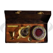 تصویر زعفران اصل ممتاز ۲ گرم – جعبه چوبی خاتم‌کاری + هاون هدیه 