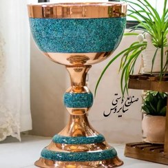 تصویر سنگاب بزرگ فیروزه کوبی آجیل خوری بزرگ مس و فیروزه کوبی نیشابور سنگاب 70 سانتی میوه خوری فیروزه کوبی صنایع دستی سایروس 