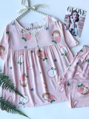 تصویر ست لباس راحتی زنانه و دخترانه دو تیکه بلوز و شلوارک نخی طرح فانتزی کد 1456 