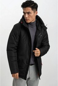 تصویر کاپشن پارکا و کت زمستانی کلاهدار ضد باد با پوشش فیبر ژل مشکی مردانه جیب داخلی D1fference 
