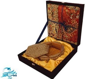 تصویر ست شکلات خوری خاتم کاری و ترمه یک متری با جعبه نفیس 