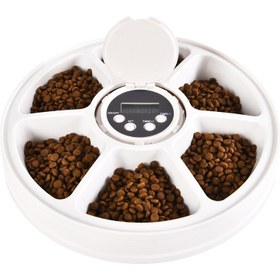 تصویر ظرف غذای اتوماتیک گربه و سگ 6 مخزنه با قابلیت تنظیم ساعت مدل S012 Automatic Pet Feeder For Dogs And Cats