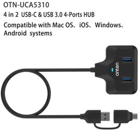 تصویر هاب 4 پورت Type-C و USB 3.0 اونتن مدل OTN-UCA2310 با 4 پورت USB-A دارای پورت Type-C تامین برق 