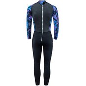 تصویر وت سوت زنانه طرح برگ های استوایی زرد و آبی 