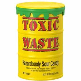 تصویر آبنبات خیلی ترش بشکه ای زرد 42 گرم تاکسیک ویست toxic waste تافی و آبنبات تاکسیک ویست