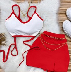 تصویر ست کراپ و دامن کوتاه زنانه مدل 1442 جنس فانریپ کبریتی 