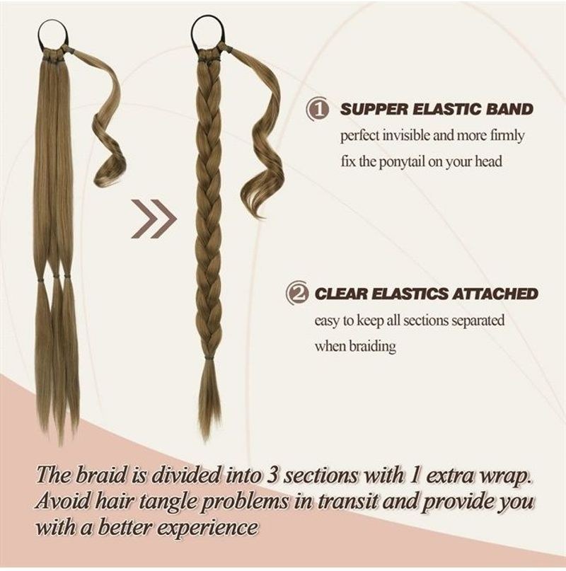 26 Inch Long Braided Ponytail Extension with Hair Tie Straight Wrap Around  Hair Extensions Pony Tail DIY Natural Soft Synthetic Hair Piece for Women