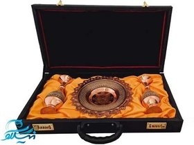 تصویر پک جفت گلدان و بشقاب مس و خاتم با جعبه چرم 