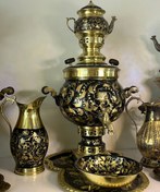 تصویر سماور سیاه قلم برنجی ذغالی تمام حکاکی کار دست شش لیتری 