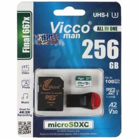 تصویر کارت حافظه microSDXC ویکومن مدل Final 667X کلاس 10 استاندارد UHS-I U3 سرعت 90MBps ظرفیت 256 گیگابایت به همراه کارت خوان 