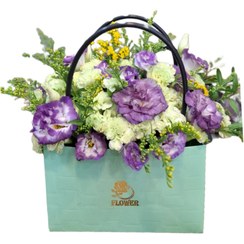 تصویر باکس گل میخک سبز و لیسیانتوس بنفش 