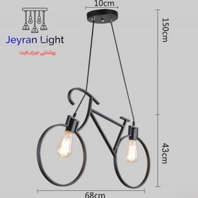 تصویر لوستر آویز 2 شعله مدل دوچرخه - مشکی Bicycle hanging chandelier with 2 flames