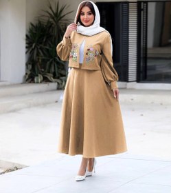 تصویر کت و دامن گلدوزی لینن پاییزه فری سایز رنگ نسکافه ای 