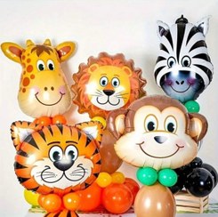 تصویر بادکنک جشن سایز متوسط حیوانات 5pcs Medium Size Forest Natural Jungle Animal Head Aluminum Foil Balloons - Giraffe, Zebra, Tiger, Lion And Monkey Animal Head Balloons