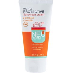 تصویر كرم ضد آفتاب فاقد رنگ اس پی اف 50 پوست معمولی و خشك 50 میلی لیتر نئودرم Neuderm Invisible SPF50 Highly Protective Sunscreen Cream