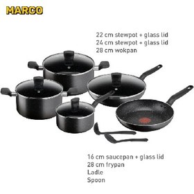 تصویر سرویس قابلمه 11 پارچه تفال مدل TEFAL DarkStone 11pc مشکی اورجینال ارسال فوری TEFAL Cookware Set | Dark Stone 11 pcs Cooking Set | Non-stick | stewpots 22/24 cm + lids | saucepan 18 cm | frypan 28 cm | wokpan 28 cm | spoon | ladle | Aluminium