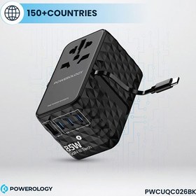 تصویر تبدیل پریز برق چندکاره و شارژر دیواری فست تایپ سی و یو اس بی 85 وات پاورولوژیPowerology PWCUQC026BK Universal GaN 85W Super Charger Retractable Type-C Cable 