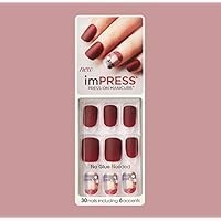 تصویر تحت تأثیر KISS (1) PACK PRESS ON GEL MANICURE 30 ناخن کاذب از جمله لهجه ها - ناخن های قرمز تیره مات و مات قرمز ، سفید و آبی با بدلیجات فاکس شفاف - Boogie Down #76000 Impress by Kiss (1) Pack Press-On Gel Manicure 30 False Nails including Accents - Matte Dark Red Nails and Matte Red, White & Blue Plaid with Clear Faux Rhinestones - Boogie Down #76000