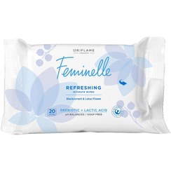 تصویر دستمال طراوت بخش منطقه حساس بانوان Feminelle Refreshing Intimate Wipes Blackcurrant & Lotus Flower prebiotic + Lactic Acid