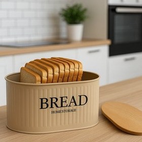 تصویر جعبه و سبد نان چند رنگ فلزی با درب چوبی hemlife 
