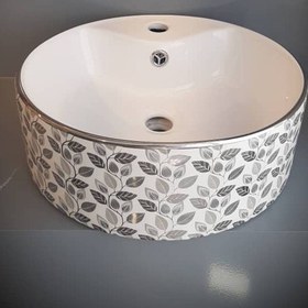 تصویر روشویی روکابینتی لنو سفید نقره ای طرح برگ نوین سرام Leno White Silver Top Counter Basin