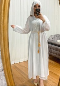 تصویر مانتو جلو بسته سفید، ماکسی بلند کارشده ، شال کارشده ،تا سایز ۵۰، جنس پارچه ندا کار وارداتی اماراتی ا Abaya Abaya