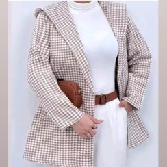 تصویر پالتو پشمی دخترانه کلاه دار سایز ۴۶ رنگ مشکی نسکافه ای 