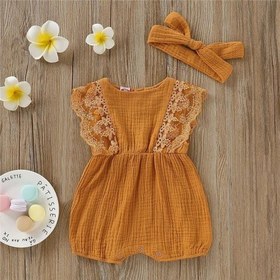 تصویر لباس نوزاد دخترانه رامپر و تل نخی دانتل دوزی 0 تا 3 ماه وارداتی 2 تکه Baby girl romper set 