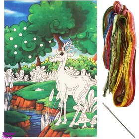 تصویر بسته کامل گلدوزی طرح گوزن کد 43 به همراه نخ و سوزن 