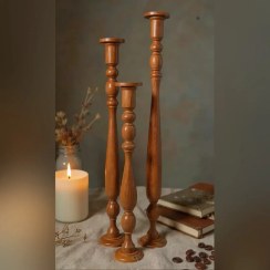 تصویر ست شمعدان چوبی ۳ تایی - فندقی عسلی 