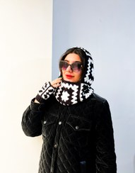 تصویر ست بالاکلاوا و دستکش سیاه سفید زنانه قلاب بافتی دستبافت 