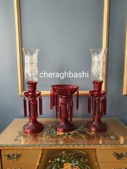 تصویر ست سه تیکه شمعدان با لاله و لاستر باکارات رنگ قرمز 