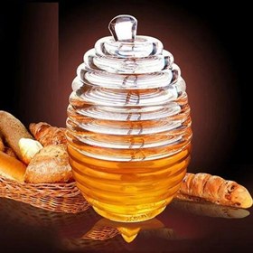 تصویر ظرف عسل خوری اکریلیک متالیک نشکن قاشق دار طرح کندو Unbreakable metallic acrylic honey container with beehive design spoon