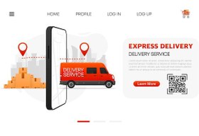 تصویر مفهوم خدمات تحویل اکسپرس در دستگاه تلفن همراه برنامه تلفن همراه ون محموله قرمز برای تصویر برداری وکتور تحویل 