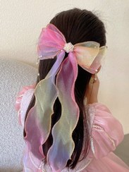 تصویر گیره مو پاپیون حریر چندرنگ دخترانه | اکسسوری مو فانتزی کودک و نوجوان 