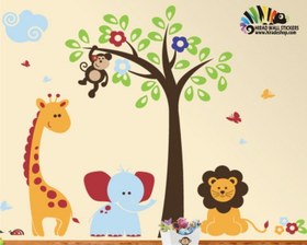 تصویر استیکر و برچسب دیواری اتاق کودک جنگل حیوانات ، درخت و میمون، زرافه، فیل، شیر animals wall stickers کد h022 