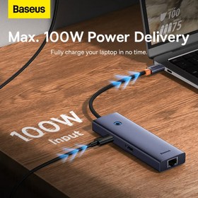 تصویر هاب 6 پورت تایپ سی بیسوس مدل BS-OH166 با 2 درگاه USB 3.0، درگاه USB 2.0، درگاه HDMI 4K و 2 درگاه تایپ سی Baseus UltraJoy Series BS-OH166 6-Port USB-C HUB Docking Station