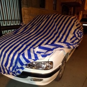 تصویر چادر ماشین خودر سفید آبی و طوسی ضد آب و ضد گردو خاک پراید پژو سمند تیبا 206 و... 