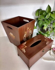 تصویر سطل و جادستمال کاغذی چوبی طرح معرق کد 098 Box for paper napkins and bins