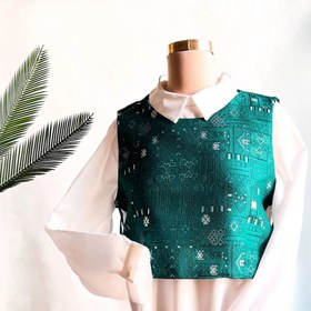 تصویر کراپ وست مجلسی زنانه برند الامور مدل بغل بندی جنس نپالی Women's Crop vest of Elamor Brand, made of Nepali fabric