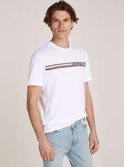 تصویر تی‌شرت آستین کوتاه راه‌راه مردانه - پنبه‌ای، سفید برند Tommy Hilfiger Men's Chest Stripe Short Sleeve T-Shirt - Cotton, White