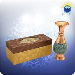 تصویر گلدان مس و فیروزه کوبی آقاجانی طرح صراحی ۱۶ سانتی با جعبه گالینگور MDF 