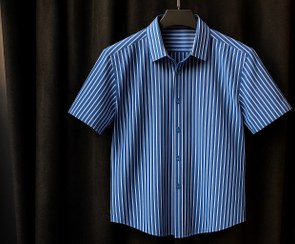 تصویر پیراهن آستین کوتاه راه راه میله ای آبی رویال مردانه | پارچه نخی درجه یک استایل آزاد اولد مانی | دوخت صنعتی ۲۰۲۵ Men's Royal Blue Striped Short Sleeve Shirt | Premium Cotton Fabric, Old Money Free Style | Industrial Sewing 2025