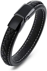 تصویر دستبند چرمی رگه دار مشکی 