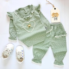 تصویر بلوز شلوار کودک خالدار سبز سایز ۰ تا ۶ ماه 